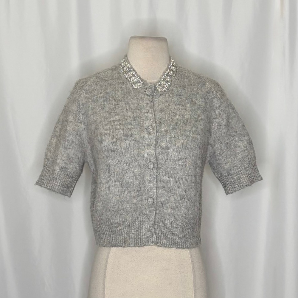 ZARA Jewel Embellished Gray Cropped Cardigan Sweater Knitwear Jewelled Large - Picture 4 of 16